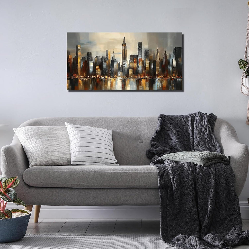 City Wall Art , Gold and Grey Wall-Decor , Modern Cityscape Poster Canvas Print, Size Inches