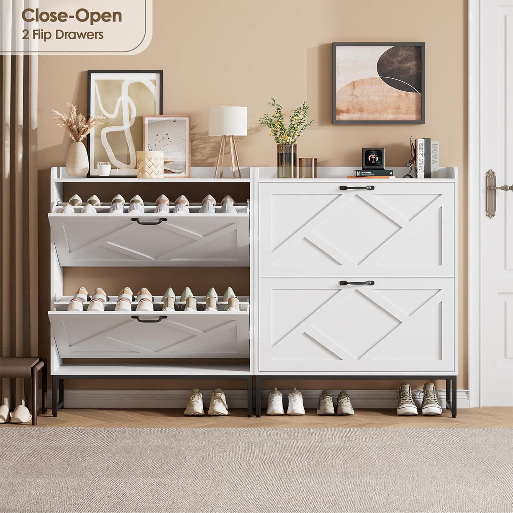 Shoe Storage Cabinet with 2 Flip Drawers, Freestanding Shoe Organizer, Shoe Cabinet with Metal Legs, Narrow Shoe Rack