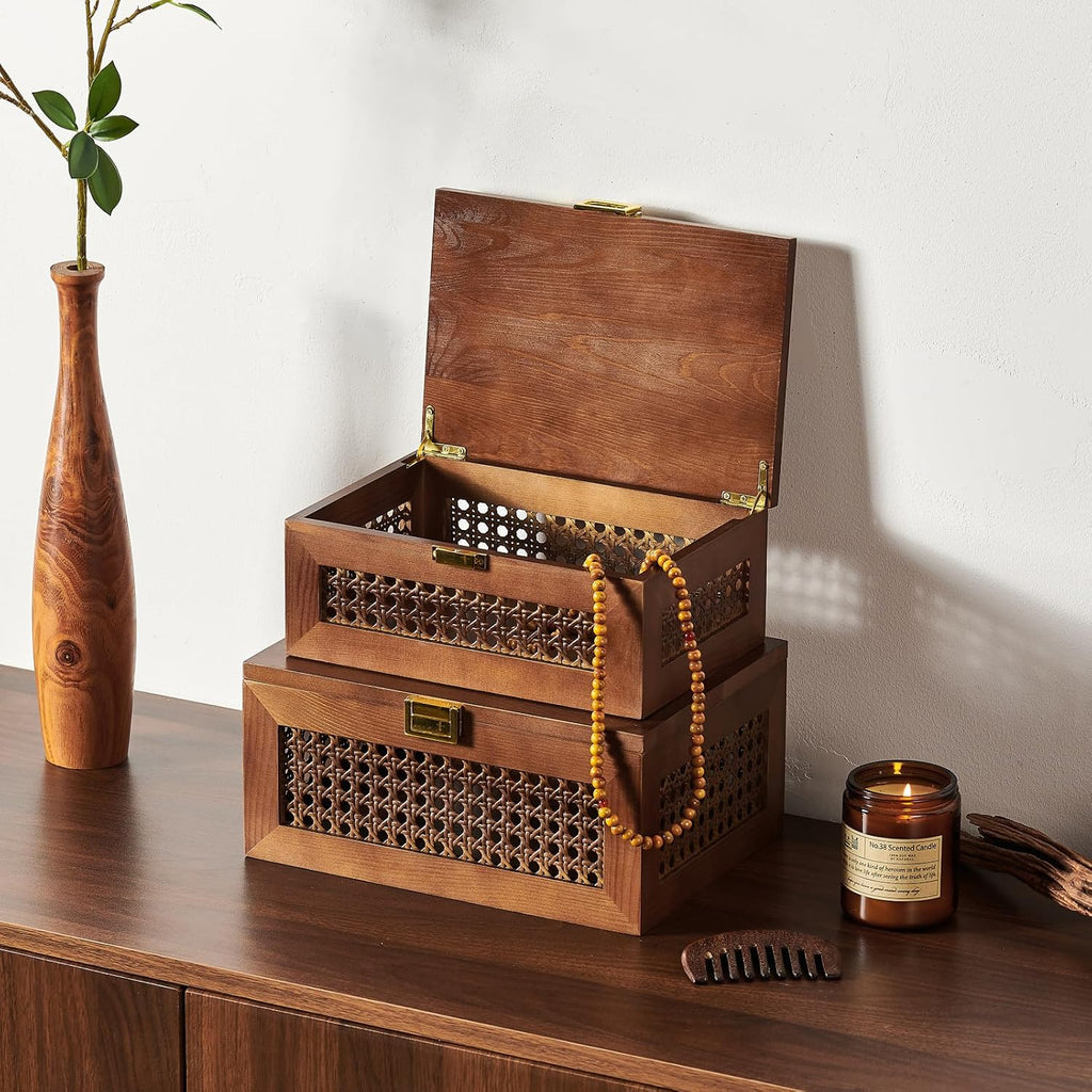 Decorative Rattan Storage Boxes Baskets with Lid Wooden Frame
