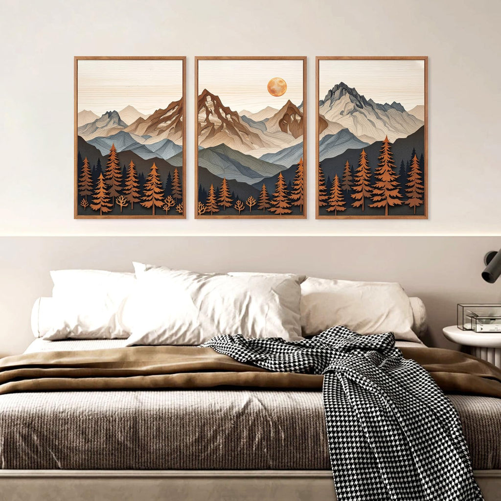 Boho Woodcut Mountain Framed Canvas Wall Art, Large Sun Forest Wall Decor, Orange Mid Century Sunrise Scene Artwork Set