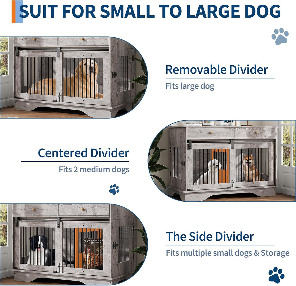 47" Dog Crate Furniture for 2 Dogs, Double Dog Kennel with Removable Divider & 2 Drawers, Decorative TV Stand Side