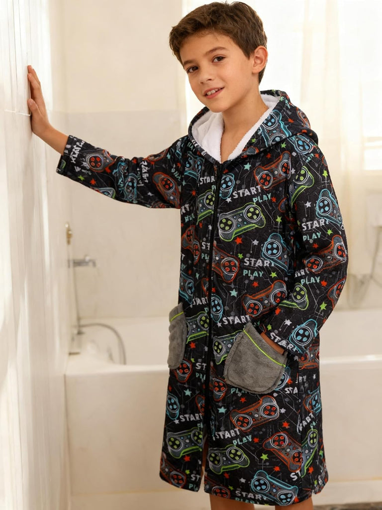 Boys Robe Kids Zip Hooded Soft Bathrobe