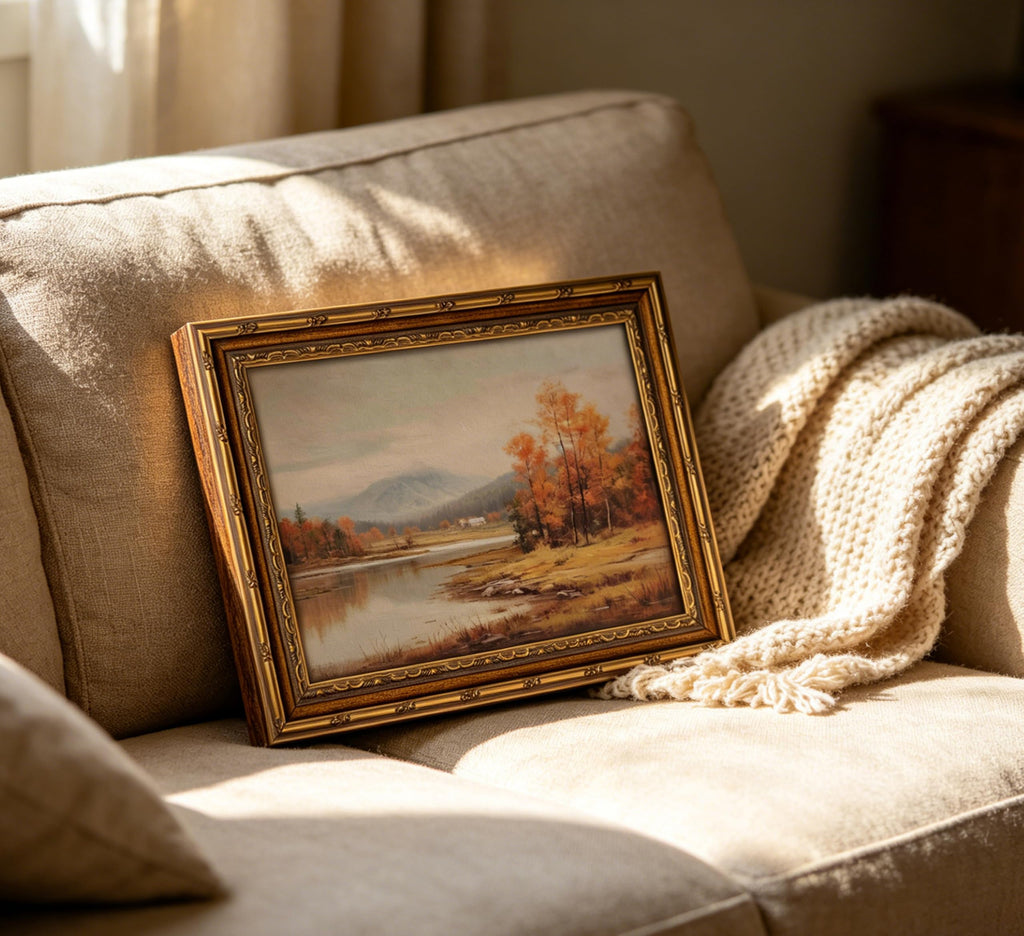 Vintage Gold Framed Fall Landscape Wall Art, Autumn Natural Lake Oil Painting Canvas Prints, Rural Forest Lake
