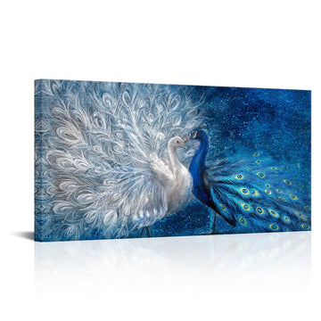 Peacock Canvas Wall Art Blue and White Peacock Couple Painting Pictures Elegant Animal Artworks Romantic Kiss Artwork