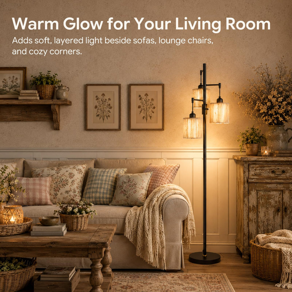 Dimmable Boho Floor Lamp, 3-Light Tree Lamp with Hemp Rope Shades