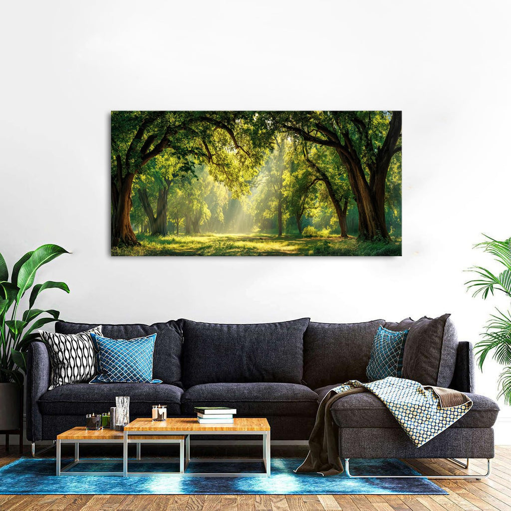 Green Forest Wall Art Panoramic Woodland Landscape Canvas Pictures Nature Wall Decor Sunrise Sunlight Trees Scenery