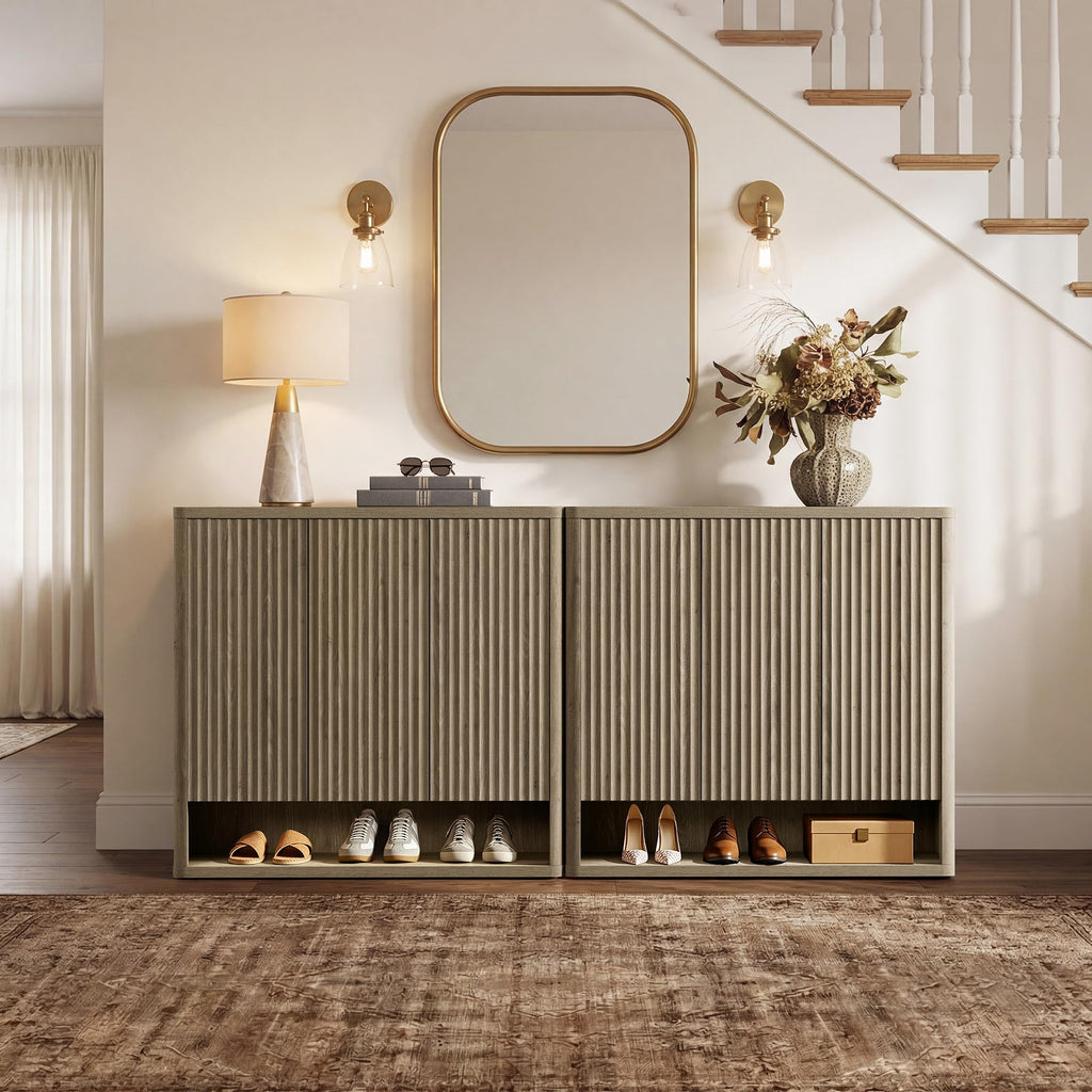 Shoe Cabinet 94.4" Wide Freestanding Fluted Shoe Storage Cabinet with 6 Doors & 8 Adjustable Shelves Large Modern