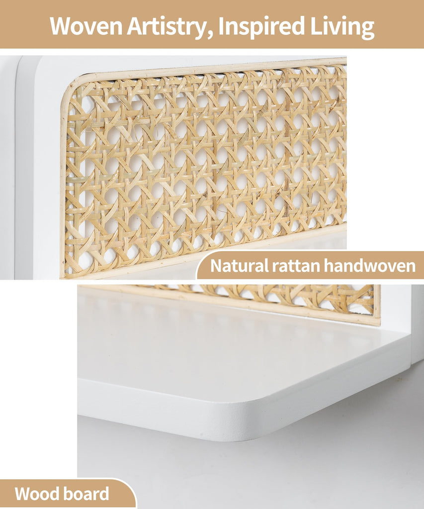 White Rattan Wall Shelf, Boho Floating Shelves, 16 Inch