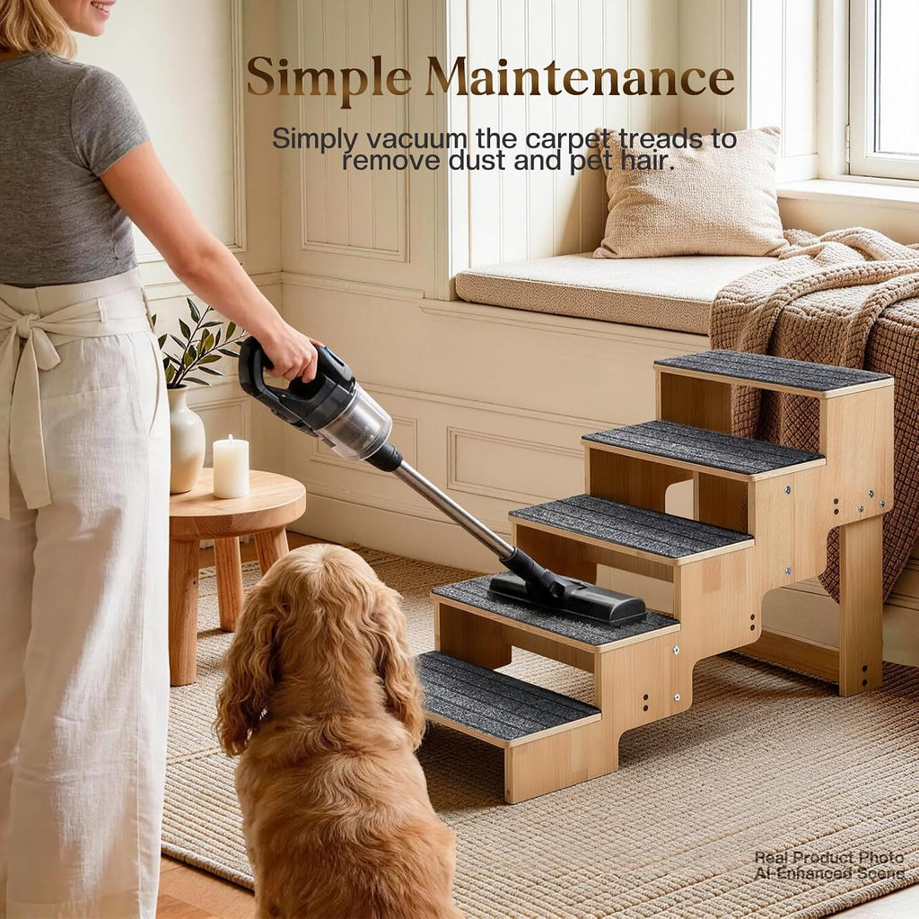 5-Step Wooden Dog Steps for Bed, Anti-Slip Dog Stairs with Carpet Pads, 23.6 Inches Pet Ramp for Dogs to Get on Bed
