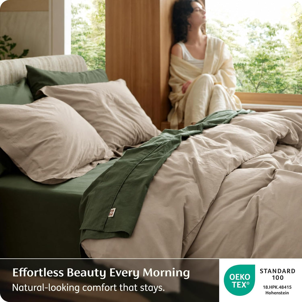 100% Washed Cotton Duvet Cover Queen - Frosted Almond Minimalist Bedding Set Linen Like - PureWoven Plain Simple &