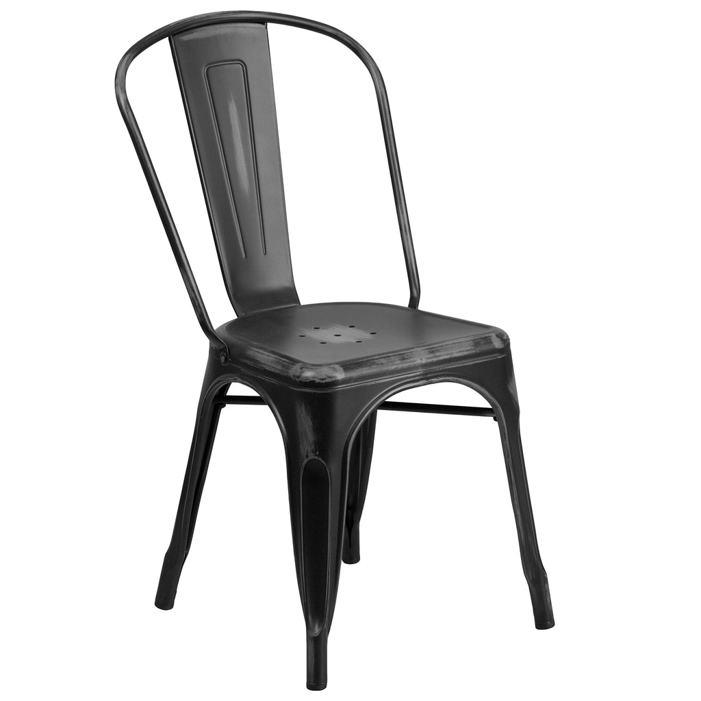 Distressed Black Metal Indoor/Outdoor Stackable Chair