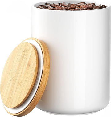 White Ceramic 1050mL 4 cup Food Storage Jar Canister with Airtight Bamboo Lid and Silicone Seal Container for Counter