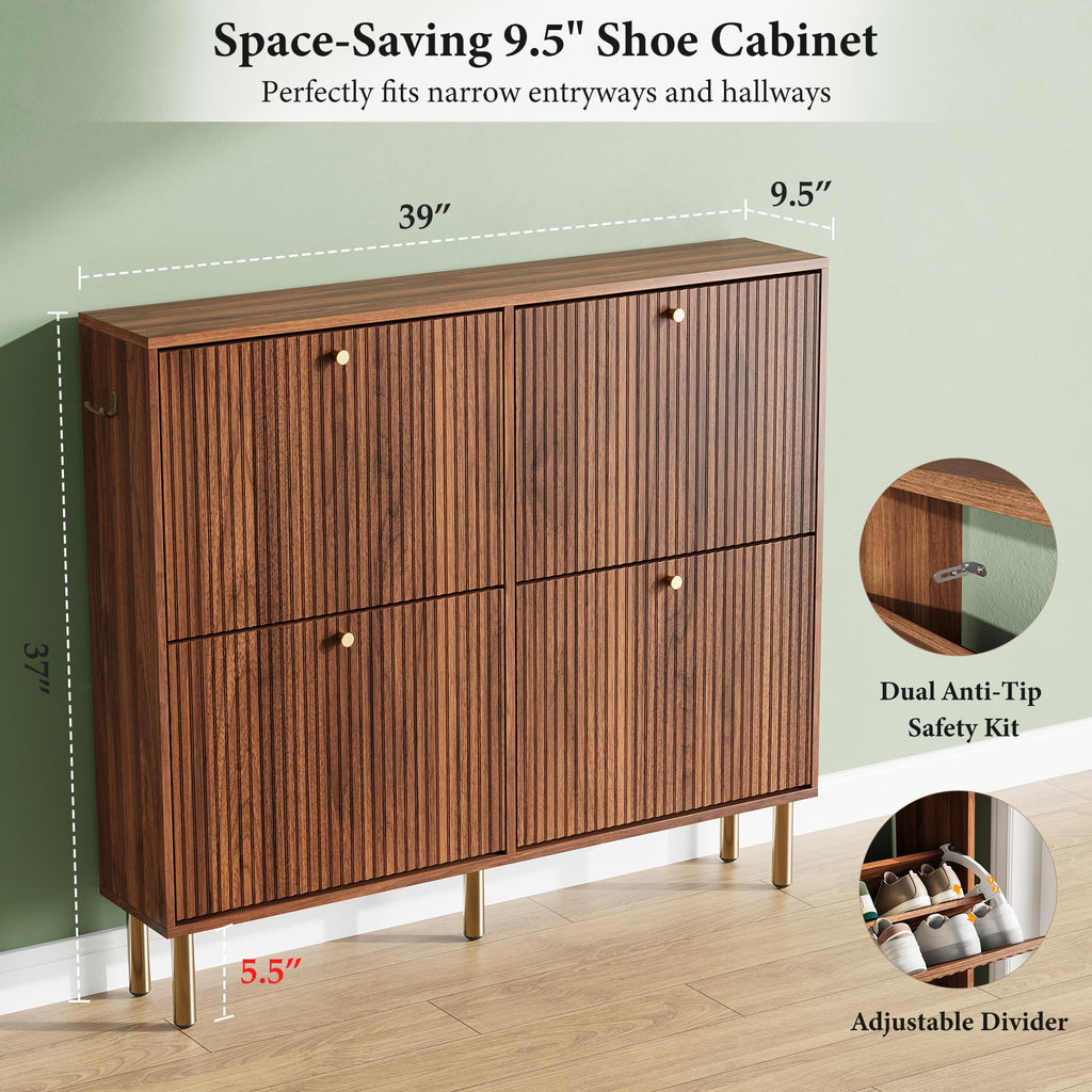 Shoe Storage Cabinet - 4 Flip Drawers Shoe Cabinet with Tiered Fluted Design - Slim Shoe Storage Rack with Gold Legs