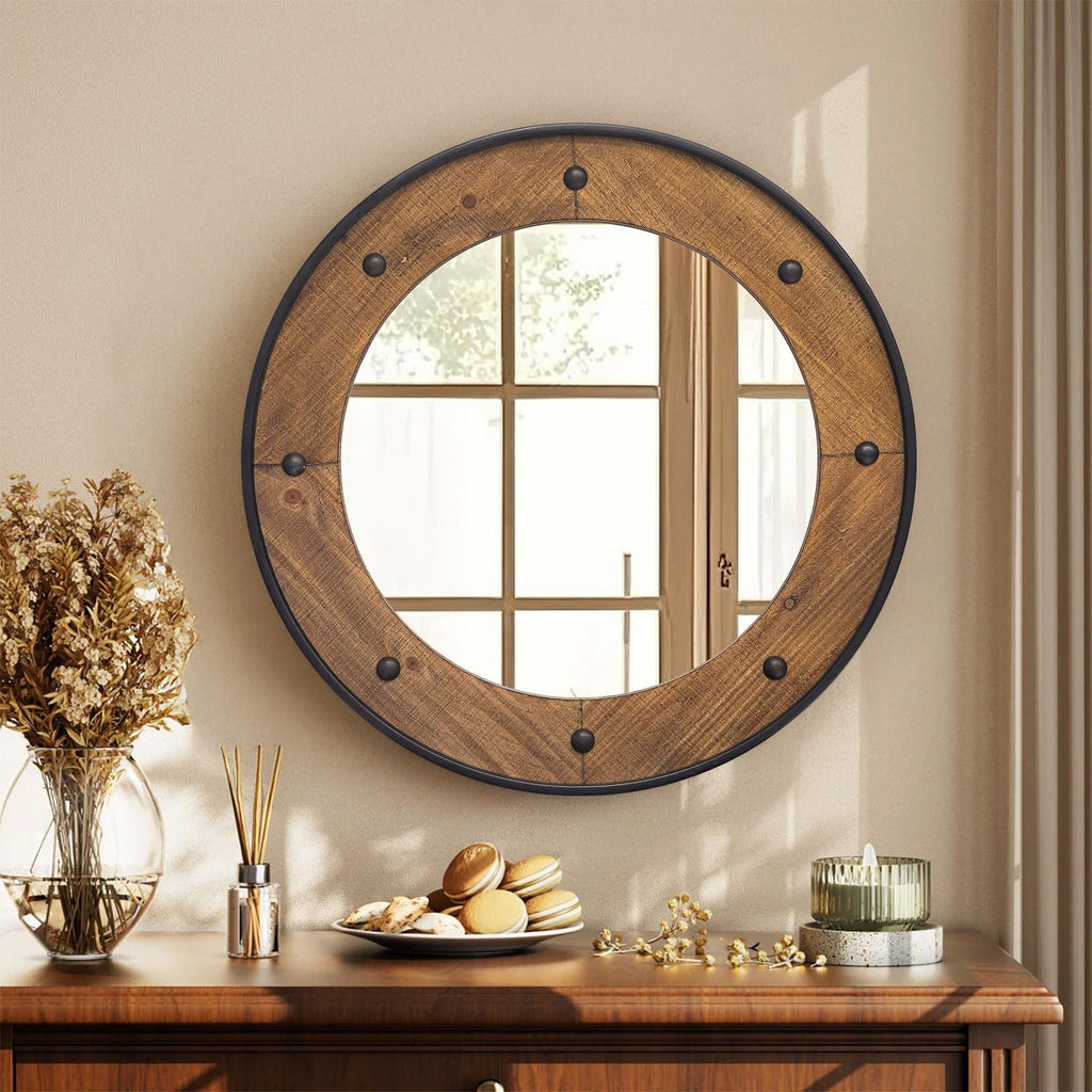 Rustic Round Wall Mirror 24 Inch, Natural Wood Frame with Black Metal Trim, Industrial Farmhouse Style Wall Mirror