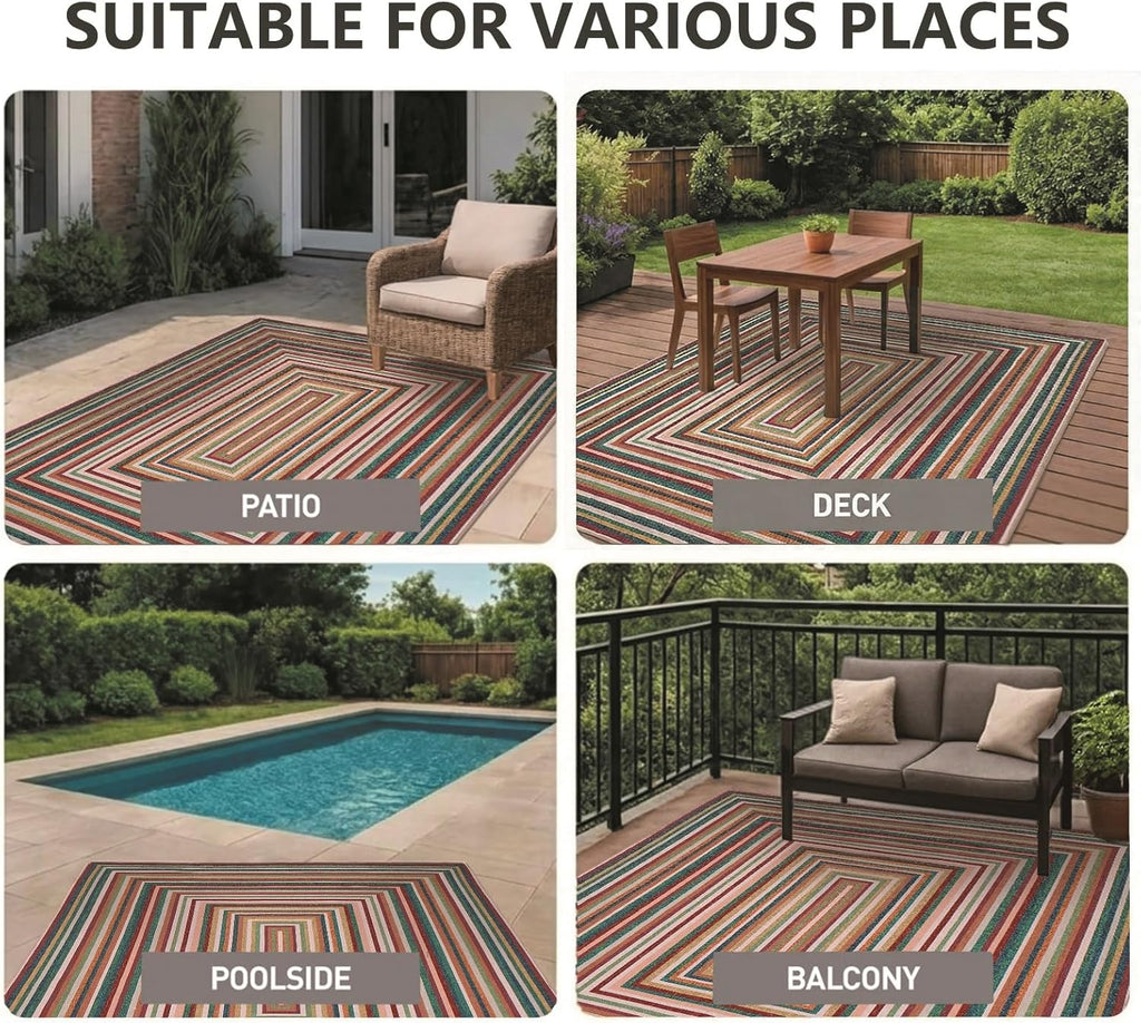 Multicolor Washable Outdoor Rug 8' x 10', Colorful, Stain Resistant, Easy Clean, Waterproof, Durable