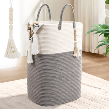 Woven Laundry Basket for Clothes, 65L Large Rectangle Laundry Hampers with Beads Tassel, Nursery Storage Basket for