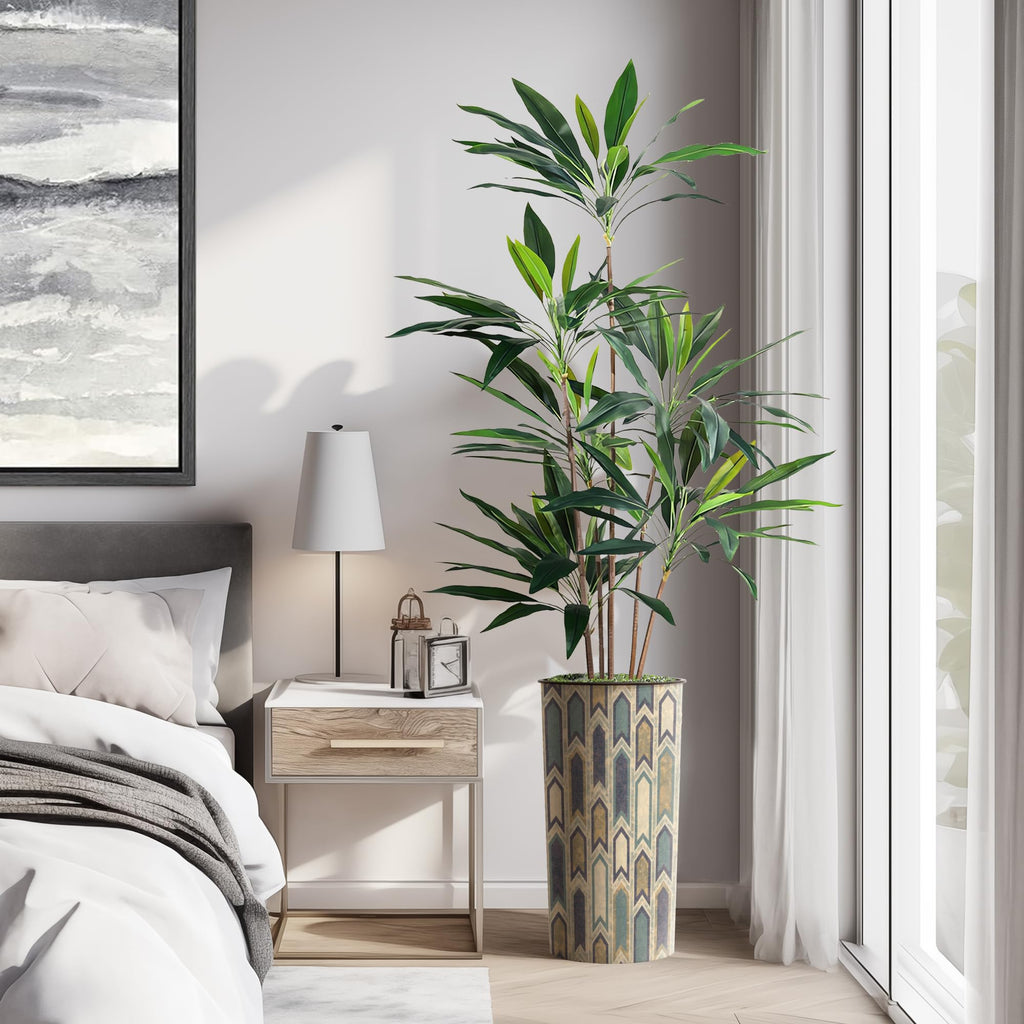 Artificial Tree in Modern Polygon Pattern Effect Planter, Fake Dracaena Tree Silk Tree for Indoor and Outdoor Home