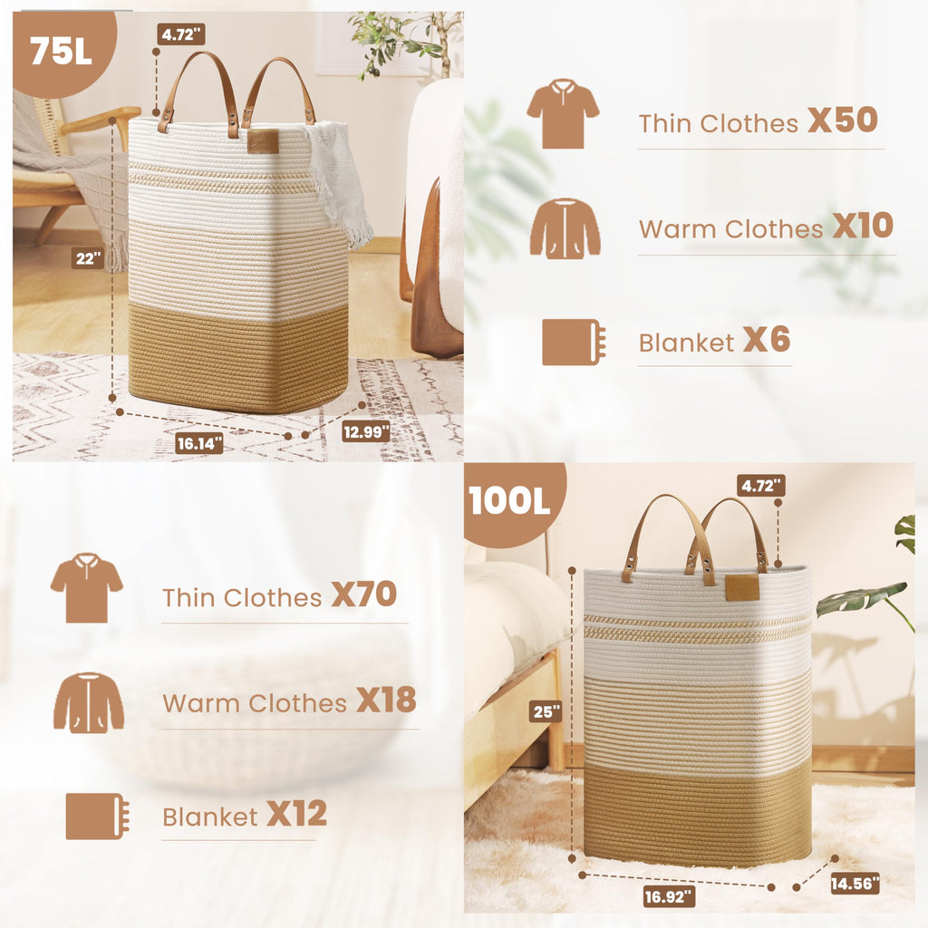 Large Laundry Hamper - 75L Tall Woven Cotton Storage Basket with Leather Handles, Slim Dirty Clothes Hamper