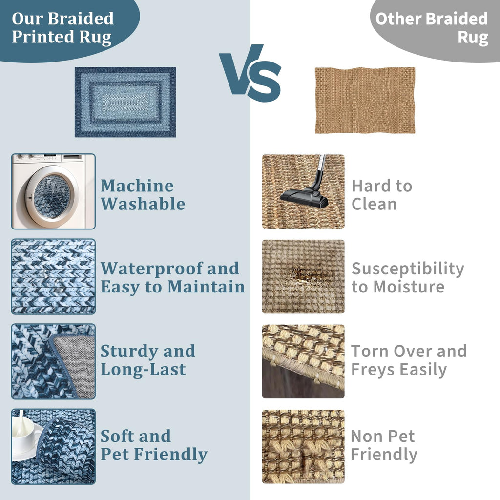 Area Rug Braided Print Washable Non Slip Rugs Rustic Coastal Low Pile Floor Carpet, Stain Resistant &