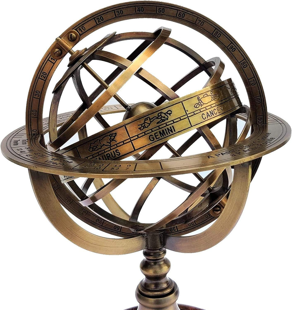 Antique Brass 11" Armillary Sphere Globe Astrolabe Zodiac Engraved Celestial Globe Wooden Base