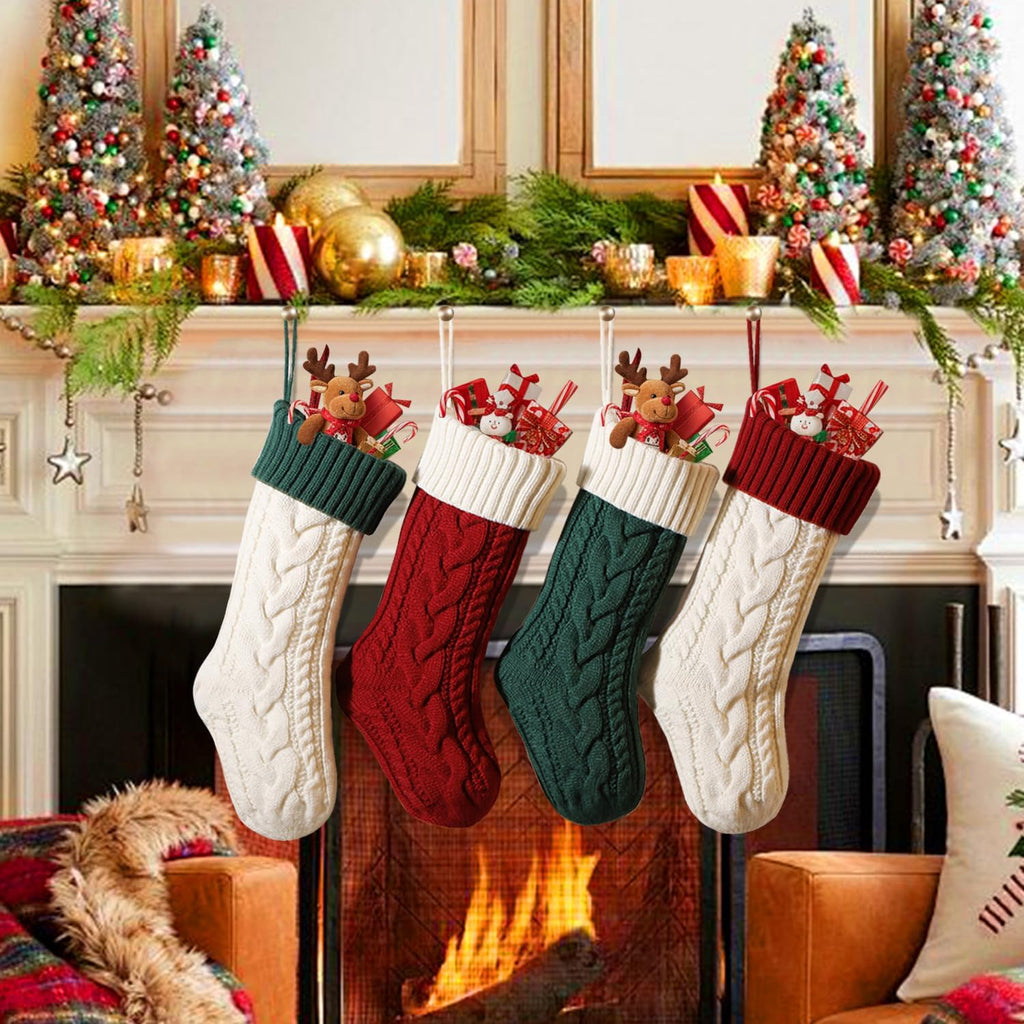 S 18 Inches Classic Cable Knitted Set Large Classic Fireplace Hanging Stockings for Kids,Family Stocking Holiday - Set of 3