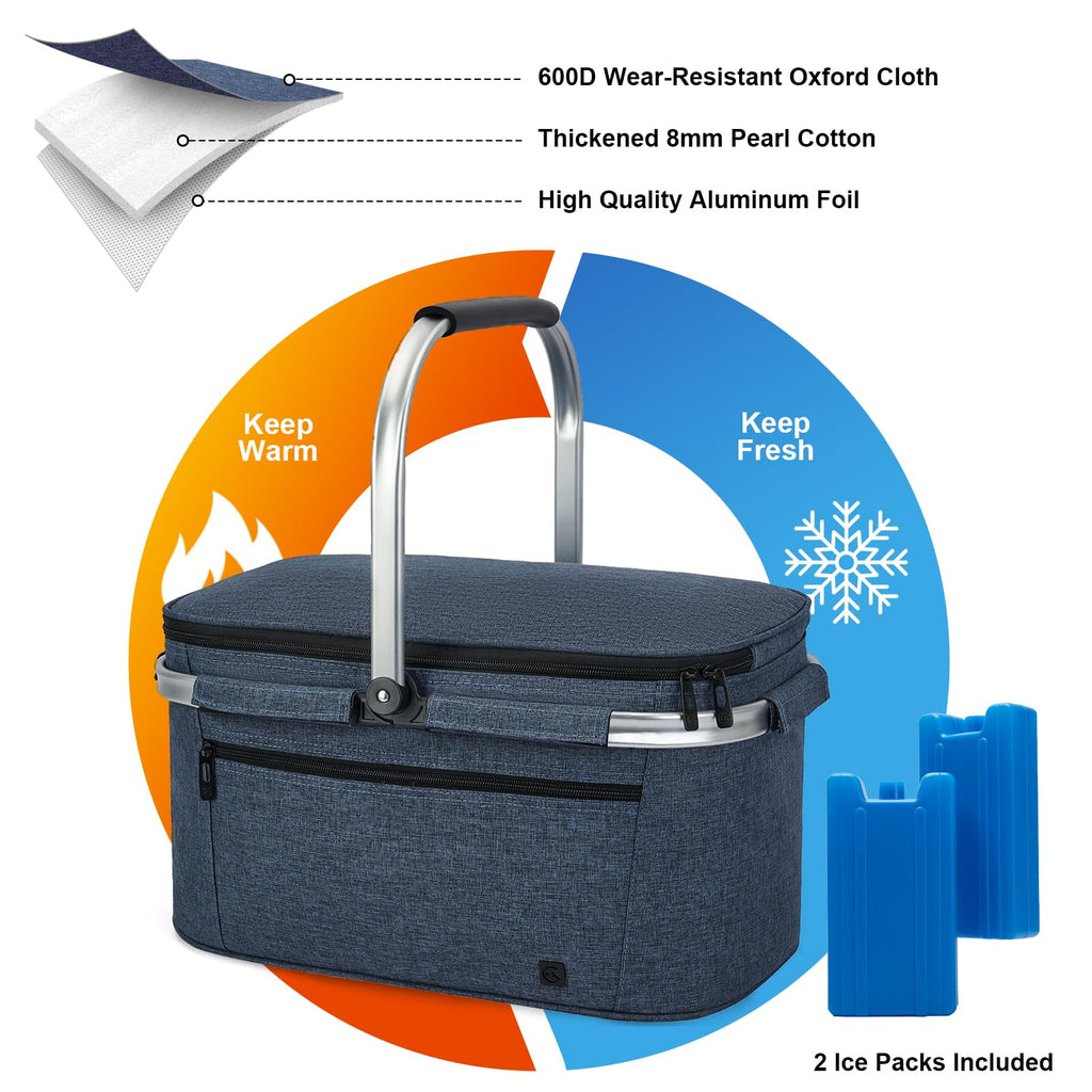 Basket, 2 Ice Boxes, 32L Insulated Cooler Foldable, Thick
