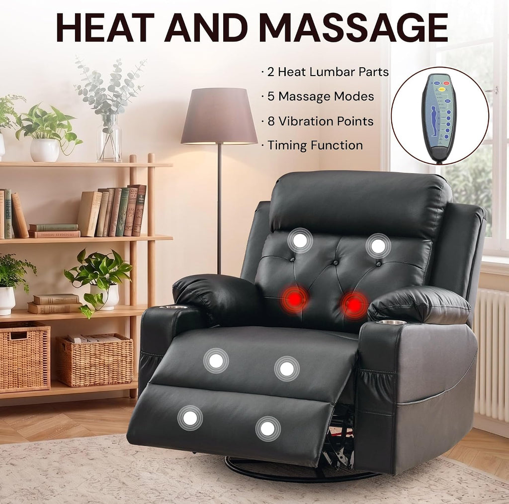 Oversized Recliner Chair, 360° Swivel Rocker Recliner for Adults, Recliner Chair with Heat and Massage, Manual