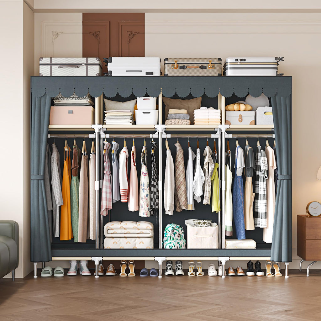 Large Portable Armoire Wardrobe Closet with 4 Hanging Rods and Lockers, Metal Storage Wardrobe Clothes Rack with Dust