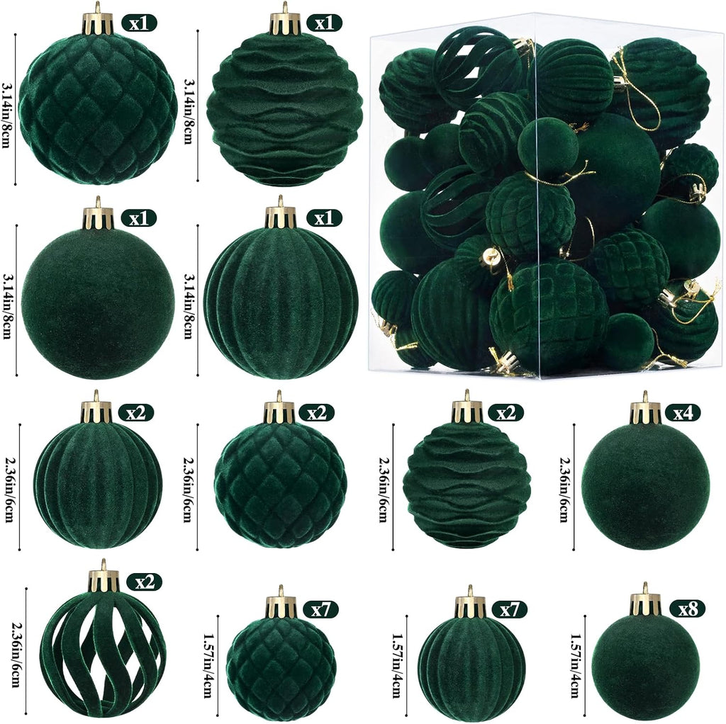 Velvet Ornaments Dark Green Flocked Christmas Ornaments Shatterproof Hanging Ball Set for Xmas Winter Holiday - Set of 38