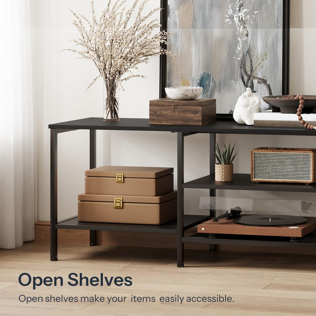 TV Stand with Power Outlets to 75 Inches, TV Console Table with Open Storage Shelves Cabinet, Industrial Media