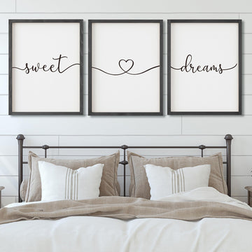 Set of 3 Framed Farmhouse Sweet Dreams Sign 11x14" Above Bed Wall Decor Decor Wall Art Wood Signs (11"x14", Black)