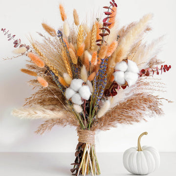 Fall Dried Flower Bouquet - Boho Fall Decor with Pampas Grass, Cotton, and Orange Bunny Tails - Autumn Floral - Set of 100