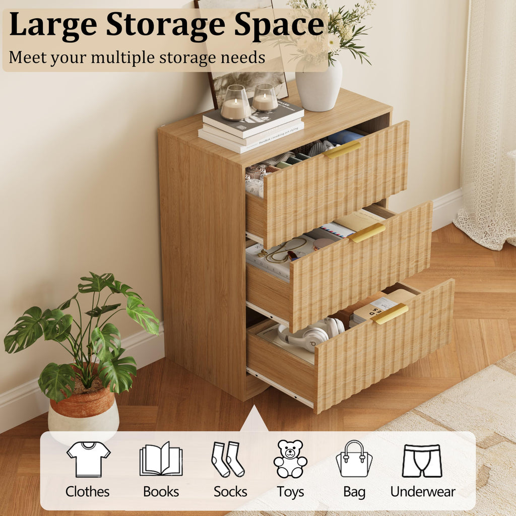 Fluted 3 Drawer Dresser, 30" Tall Modern Dressers, Natural Oak
