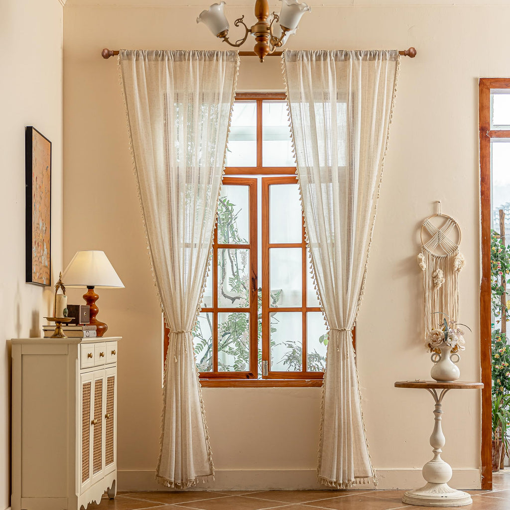 Boho Macrame Curtains 84 Inches Long Semi Sheer Light Filtering Privacy Drapes, Farmhouse Rustic Home Decor