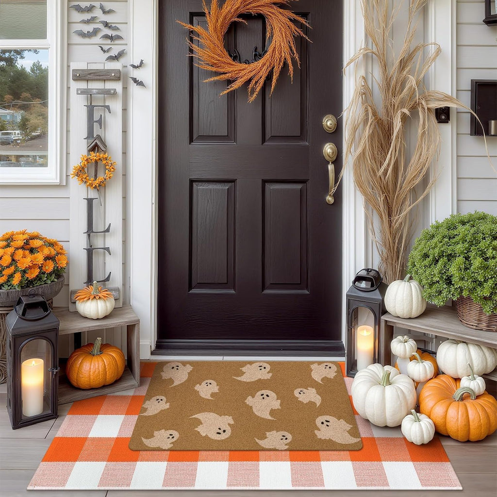 Halloween Door Mat Fall Decor Combo Set + Buffalo Plaid Checkered Rug Fall Washable Outdoor Rug 3'x5' Autumn Layered