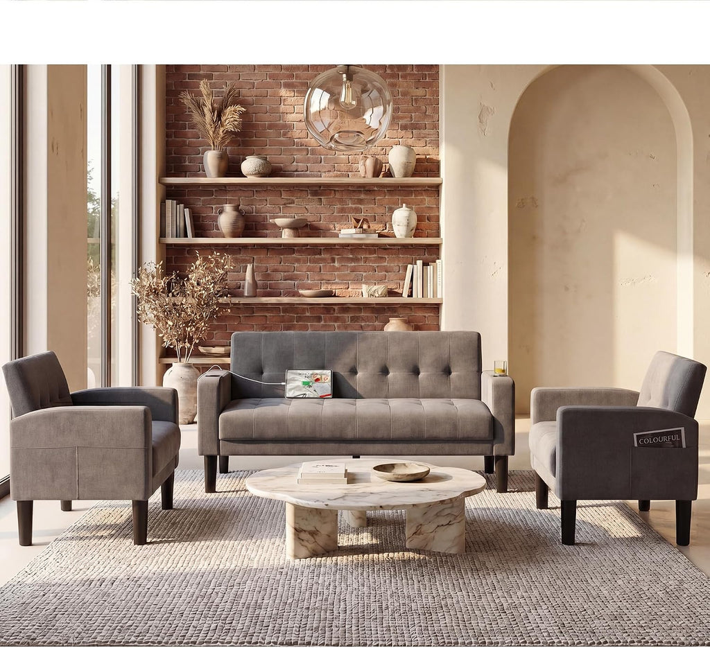 Light Grey Couch and Chairs Set, 3 Piece Living Room Furniture Set with USB & Type-C Ports, Fabric Loveseat Sofa and