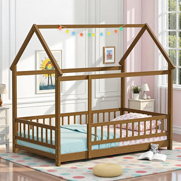 Montessori Floor Bed Frame with Slats and Fence, Wooden House Bed for Boys Girls Bedroom, Light Espresso