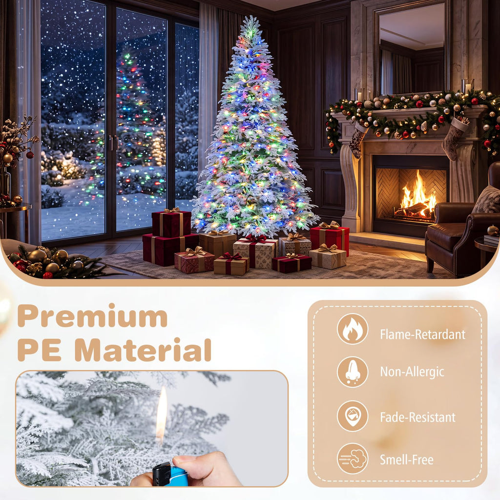 7FT Pre-lit Christmas Tree, Snow Flocked Artificial Christmas Tree