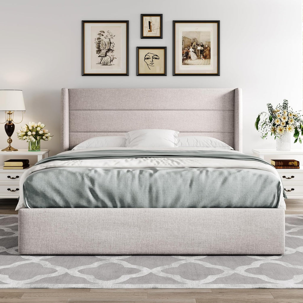 Full Lift Up Storage Bed, Modern Wingback Headboard, Hydraulic Support, No Box Spring Needed, Light Beige