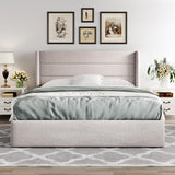 Queen Lift Up Storage Bed, Modern Wingback Headboard, Hydraulic Support, No Box Spring Needed, Light Beige