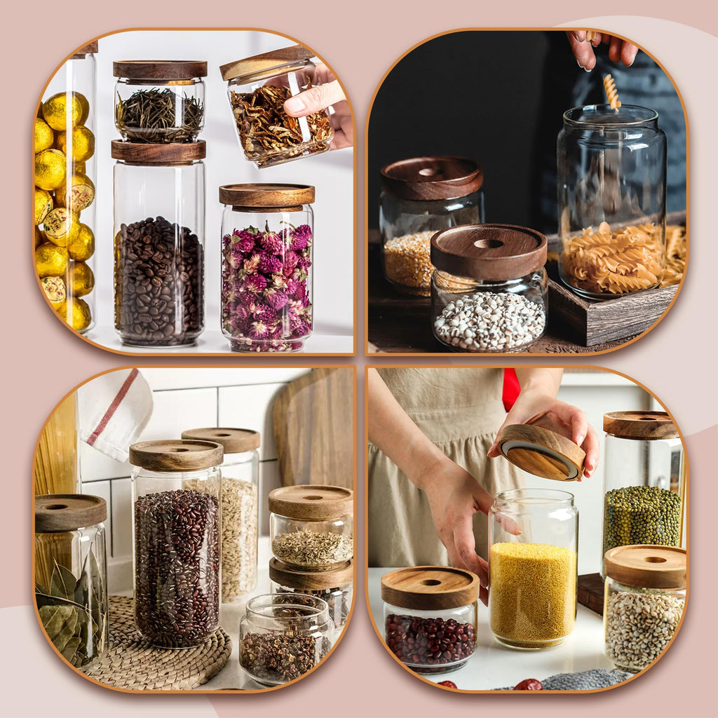 32Oz Clear Cute Glass Storage Canister Holder with Stackable Airtight Wood Lid, Modern Decorative Container Jar