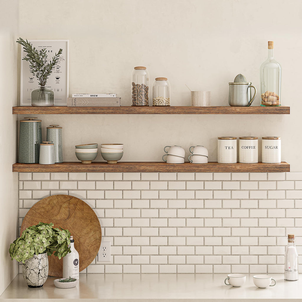 Floating Shelves for Wall, 60" Wood Wall Shelf Set of 2, with Invisible Brackets, 8" Deep, Rustic Brown