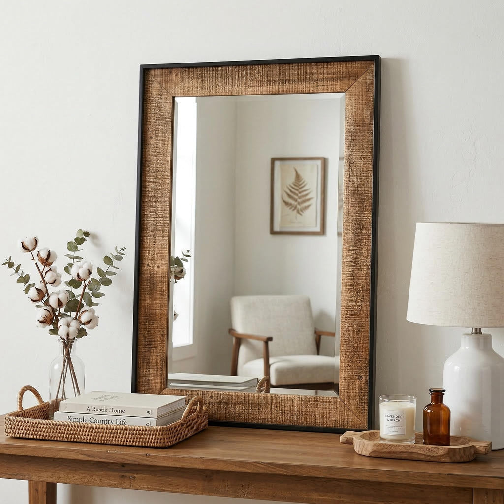Rustic Solid Wood Wall Mirror 36x24 Inch, Vintage Wood Framed Wall Mirror Over Sink, Living Room, Hallway & Entryway