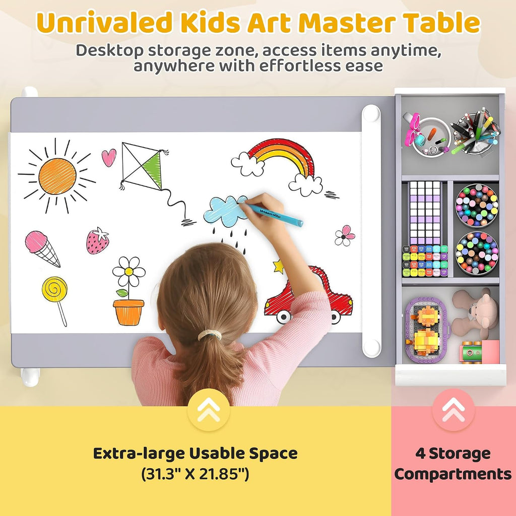 Kids Art Table & Chair Set, Wood w/Storage & Paper Roll, Grey