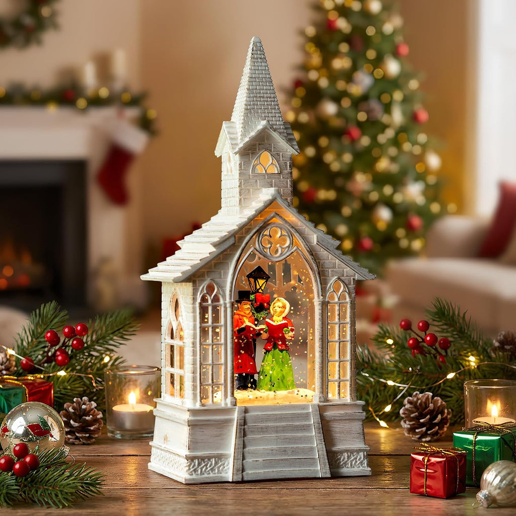 Christmas Snow Globe Lantern Musical Carolers Lighted Water Church, USB Lined/Battery Operated Lighted Lantern