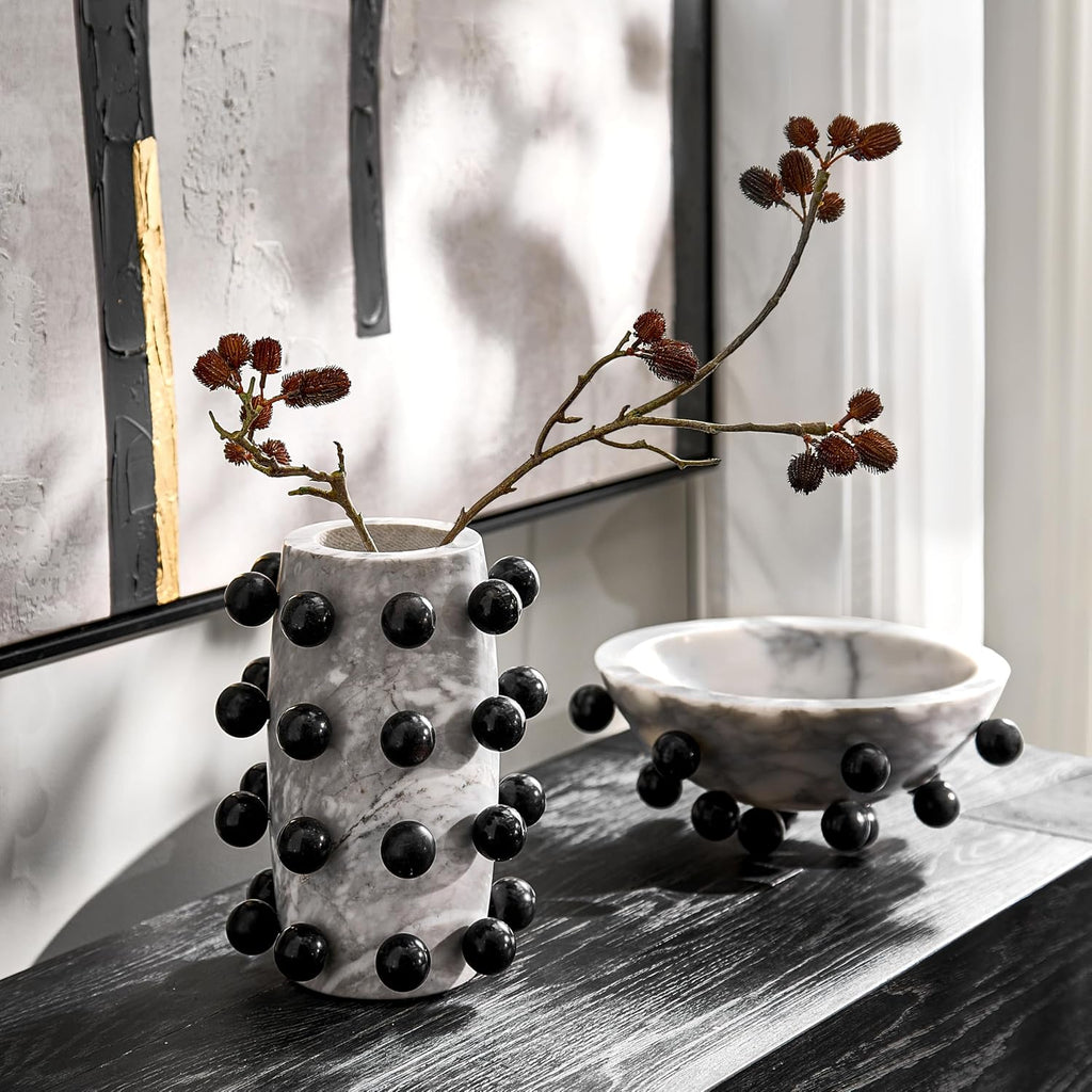 Borra Grey Marble Contemporary Decorative Bowl | Contemporary Centerpiece, Entryway Catchall, Black Marble Orb Accents