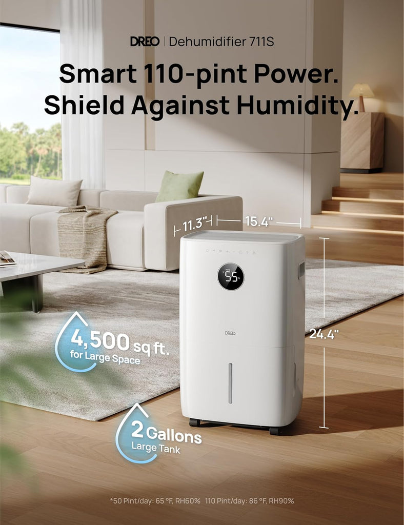 110-Pint Smart Dehumidifier for Basement, 4500 Ft² for Large Room, 2 Gallon Water Tank