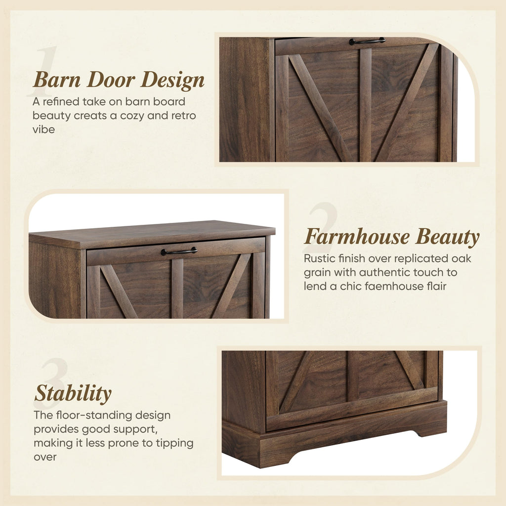Farmhouse Shoe Storage Cabinet with 2 Flip Drawers, 23.6"(W) Freestanding Shoe Organizer with Barn Door and Metal