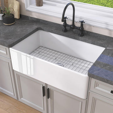 White Farmhouse Kitchen Sink 30 inch Fireclay Apron Front Farm Sink Undermount Single Bowl Reversible Farmer House
