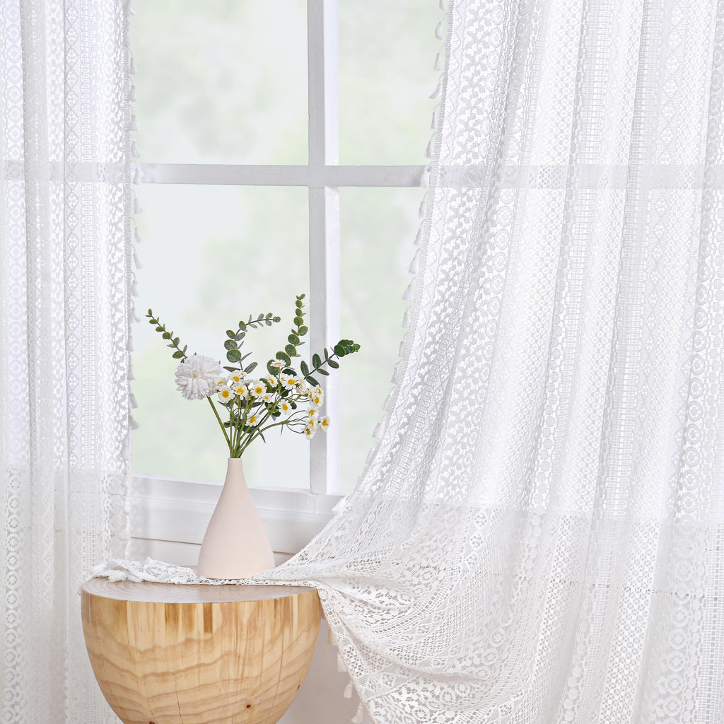 Crochet Boho Lace Sheer Curtains 2 Panels Macrame Farmhouse Vintage Bohemian Window Drapes 59 x 84 Inches Living Room